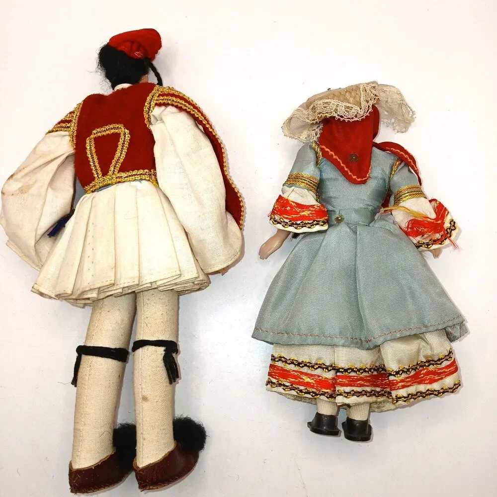 Lot Of 2 Vintage Greek Cloth Costume Dolls 7 & 9 inches tall